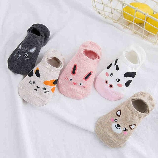 5 Pairs Cute Animal Spring Women Cotton Boat Socks Set Korean Style Funny Cat Dog Panda Low Cut Ankle Short Socks