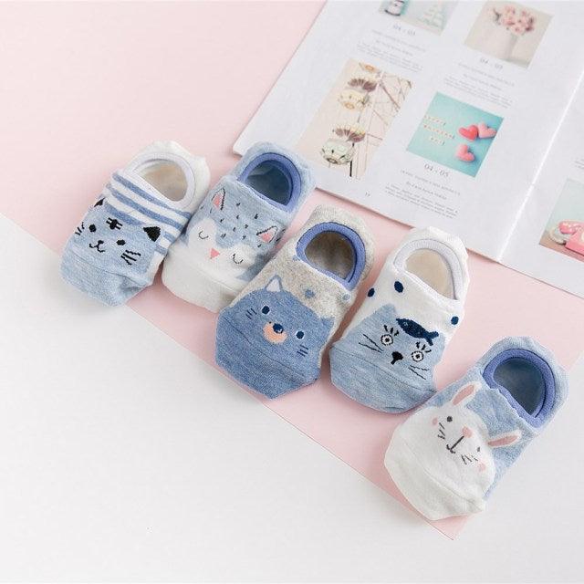 5 Pairs Cute Animal Spring Women Cotton Boat Socks Set Korean Style Funny Cat Dog Panda Low Cut Ankle Short Socks