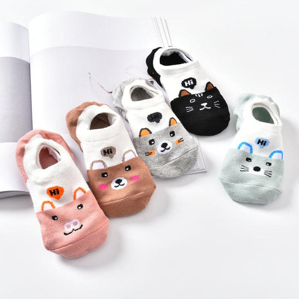 5 Pairs Cute Animal Spring Women Cotton Boat Socks Set Korean Style Funny Cat Dog Panda Low Cut Ankle Short Socks
