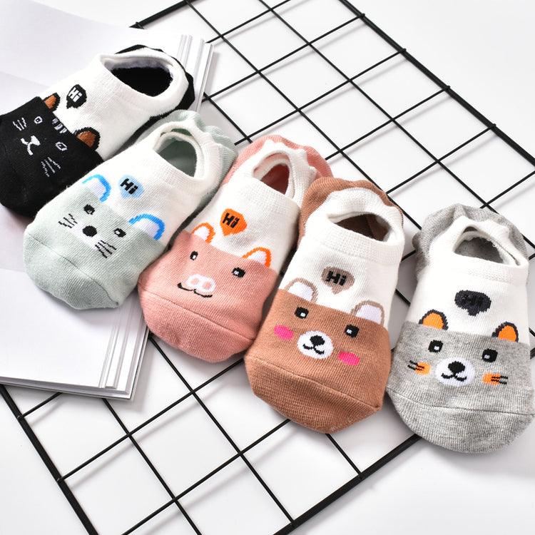 5 Pairs Cute Animal Spring Women Cotton Boat Socks Set Korean Style Funny Cat Dog Panda Low Cut Ankle Short Socks