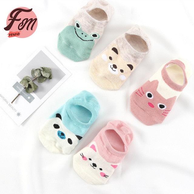 5 Pairs Cute Animal Spring Women Cotton Boat Socks Set Korean Style Funny Cat Dog Panda Low Cut Ankle Short Socks