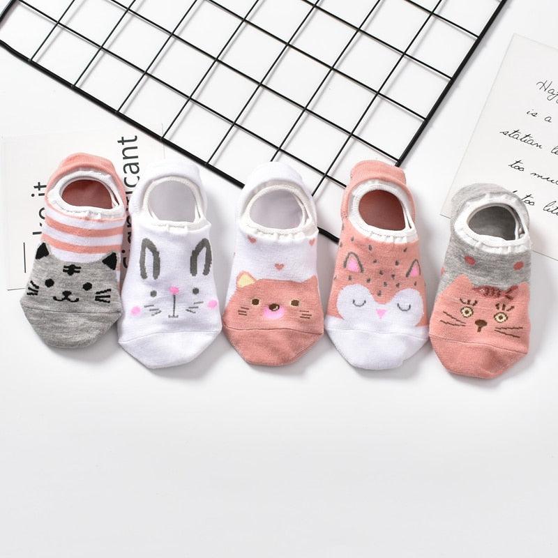 5 Pairs Cute Animal Spring Women Cotton Boat Socks Set Korean Style Funny Cat Dog Panda Low Cut Ankle Short Socks