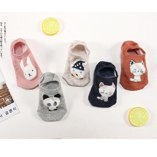 5 Pairs Cute Animal Spring Women Cotton Boat Socks Set Korean Style Funny Cat Dog Panda Low Cut Ankle Short Socks