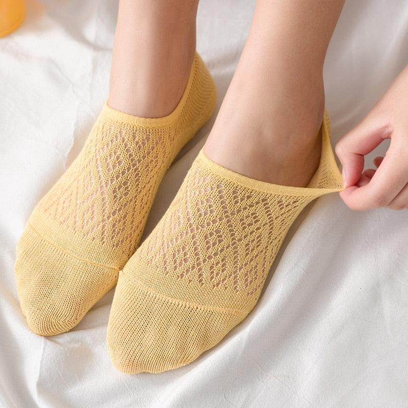 5 Pairs Female Silicone non-slip invisible Socks Summer Solid Color Mesh Ankle Boat Socks Female Cotton Slipper No show Socks For Women