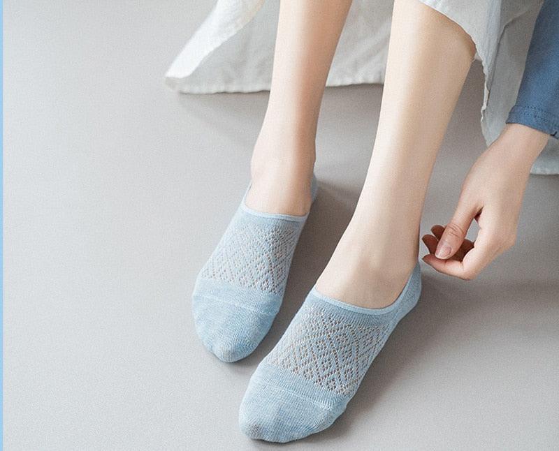 5 Pairs Female Silicone non-slip invisible Socks Summer Solid Color Mesh Ankle Boat Socks Female Cotton Slipper No show Socks For Women