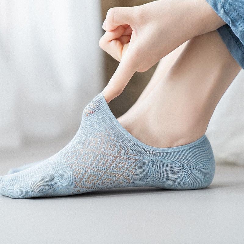 5 Pairs Female Silicone non-slip invisible Socks Summer Solid Color Mesh Ankle Boat Socks Female Cotton Slipper No show Socks For Women