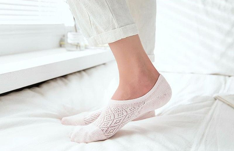 5 Pairs Female Silicone non-slip invisible Socks Summer Solid Color Mesh Ankle Boat Socks Female Cotton Slipper No show Socks For Women