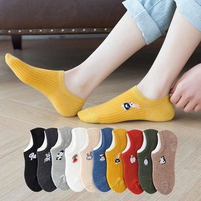 5 Pairs Kawaii Cute Animal Print Socks Set Invisible Happy Fashion Ankle Funny Socks Set Girl Cotton Summer Silicone Non-slip Boat Socks Ankle Socks For Men And Women