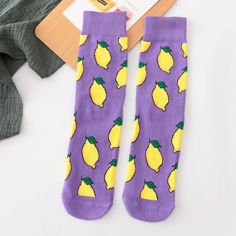 5 Pairs Women's Colorful Cotton Socks Fruits Banana Avocado Lemon Egg Cookie Donuts Food Happy Color Socks