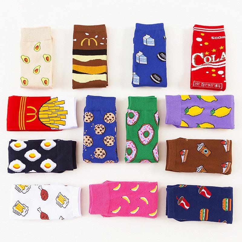 Women's Colorful Cotton Socks Fruits Banana Avocado Lemon Egg Cookie Donuts Food Happy Color Socks