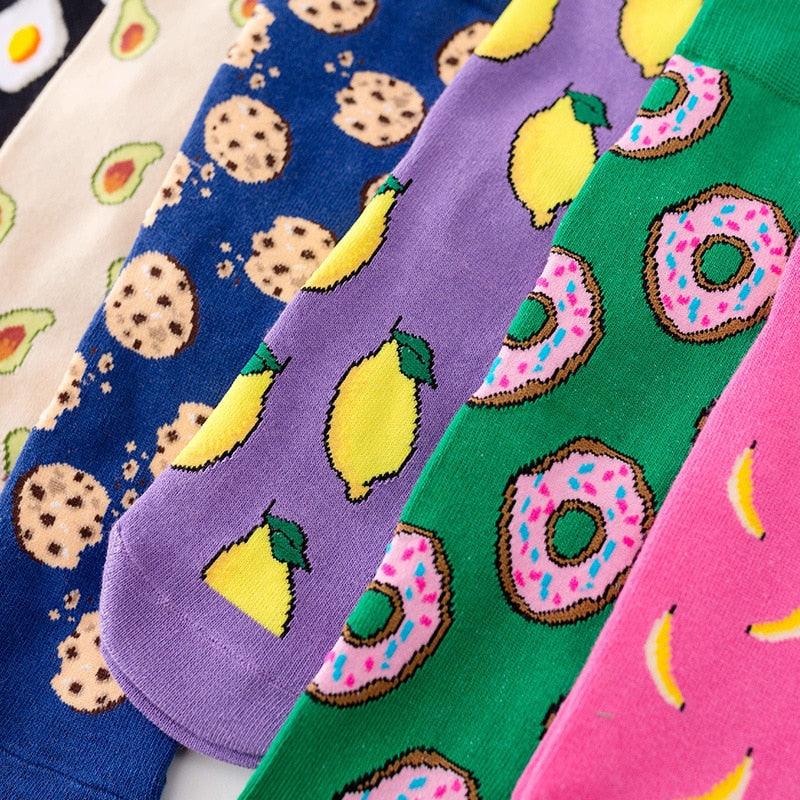5 Pairs Women's Colorful Cotton Socks Fruits Banana Avocado Lemon Egg Cookie Donuts Food Happy Color Socks