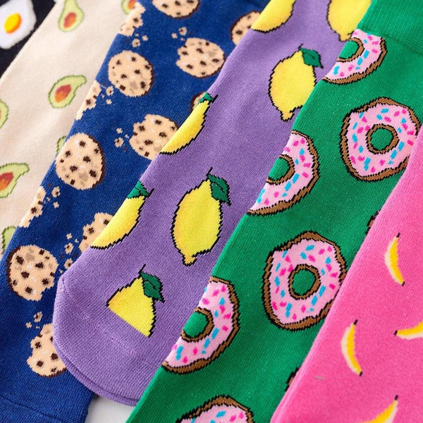 5 Pairs Women's Colorful Cotton Socks Fruits Banana Avocado Lemon Egg Cookie Donuts Food Happy Color Socks