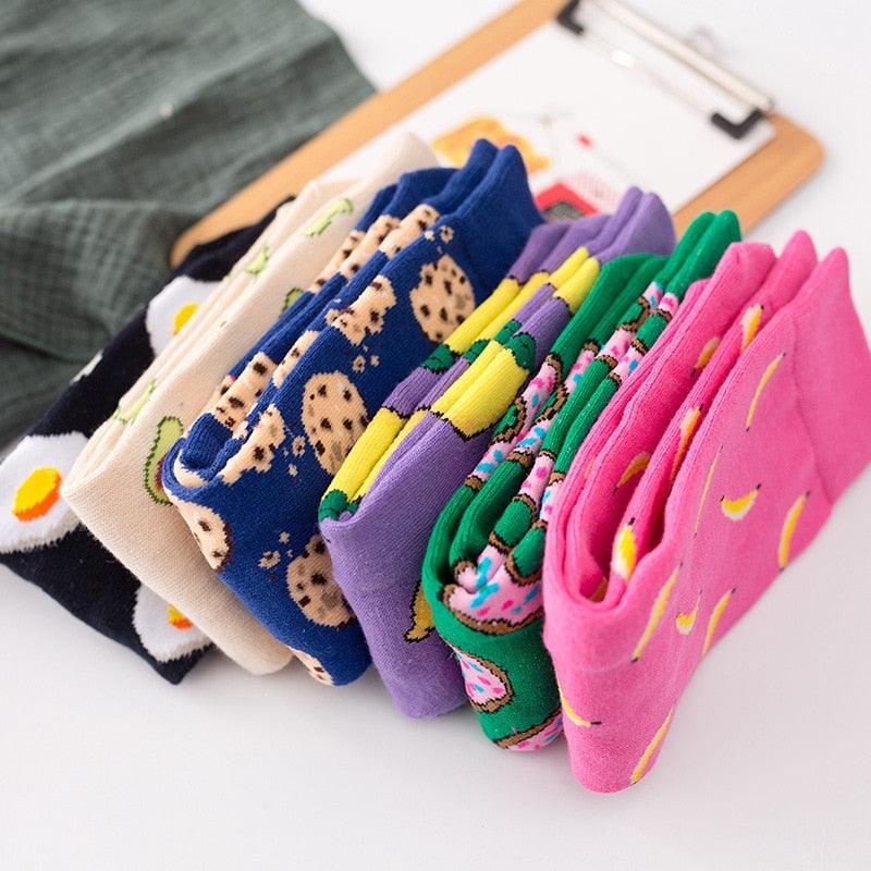 Women's Colorful Cotton Socks Fruits Banana Avocado Lemon Egg Cookie Donuts Food Happy Color Socks
