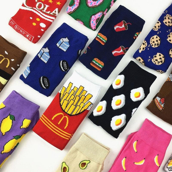 5 Pairs Women's Colorful Cotton Socks Fruits Banana Avocado Lemon Egg Cookie Donuts Food Happy Color Socks