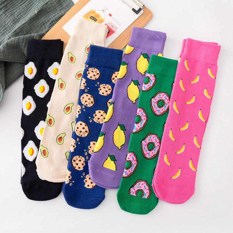 5 Pairs Women's Colorful Cotton Socks Fruits Banana Avocado Lemon Egg Cookie Donuts Food Happy Color Socks
