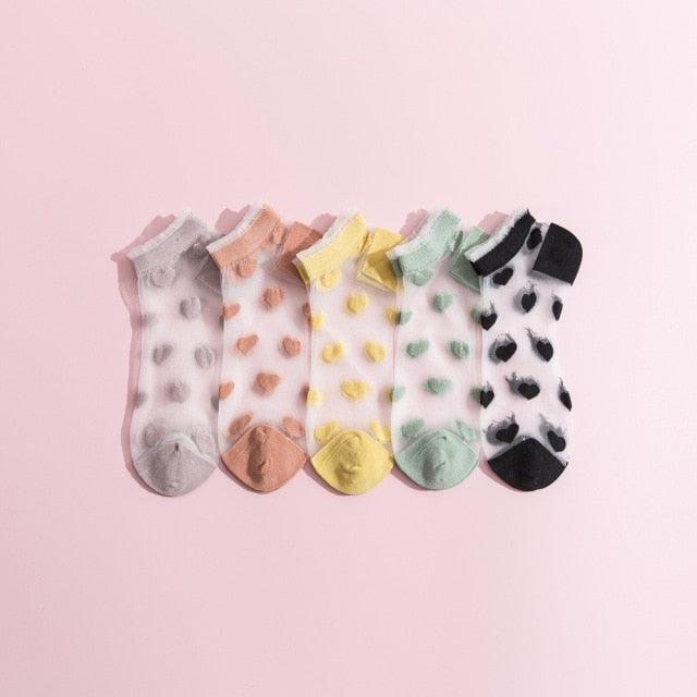 5 Pairs Young Girl Funny Cute Fashion Colorful Candy Dot Red Lips Wave Socks Sweet Women Thin Summer Ankle Crystal Sheer Socks For Women