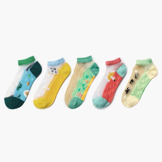 5 Pairs Young Girl Funny Cute Fashion Colorful Candy Dot Red Lips Wave Socks Sweet Women Thin Summer Ankle Crystal Sheer Socks For Women