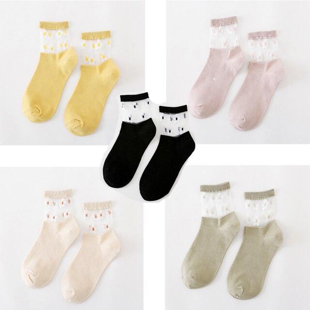 5 Pairs Young Girl Funny Cute Fashion Colorful Candy Dot Red Lips Wave Socks Sweet Women Thin Summer Ankle Crystal Sheer Socks For Women