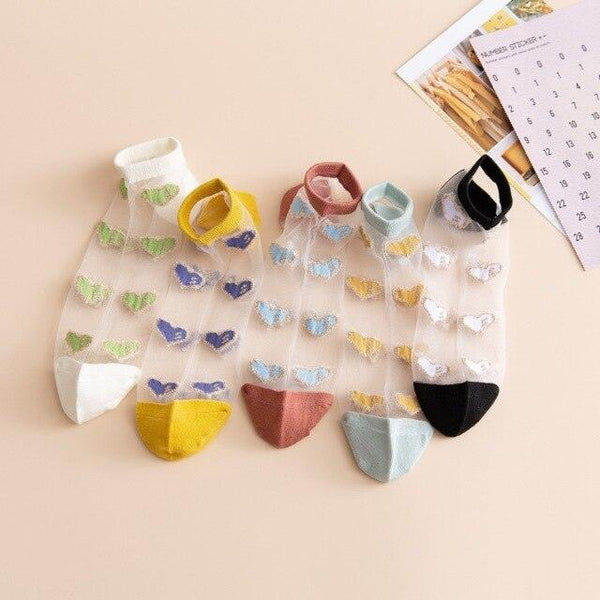 5 Pairs Young Girl Funny Cute Fashion Colorful Candy Dot Red Lips Wave Socks Sweet Women Thin Summer Ankle Crystal Sheer Socks For Women