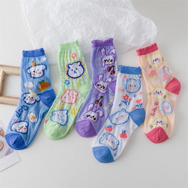 5 Pairs Young Girl Funny Cute Fashion Colorful Candy Dot Red Lips Wave Socks Sweet Women Thin Summer Ankle Crystal Sheer Socks For Women