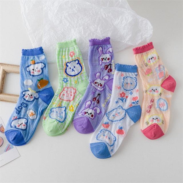 5 Pairs Young Girl Funny Cute Fashion Colorful Candy Dot Red Lips Wave Socks Sweet Women Thin Summer Ankle Crystal Sheer Socks For Women