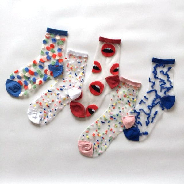 5 Pairs Young Girl Funny Cute Fashion Colorful Candy Dot Red Lips Wave Socks Sweet Women Thin Summer Ankle Crystal Sheer Socks For Women