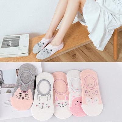 5 Pairs/Set Women's Cotton Happy Cute Cat Short Socks Print Cartoon Animal Casual Summer Socks Red Heart Funny Ankle Socks Pure Cotton Socks For Men And Women