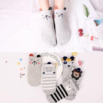 5 Pairs/Set Women's Cotton Happy Cute Cat Short Socks Print Cartoon Animal Casual Summer Socks Red Heart Funny Ankle Socks Pure Cotton Socks For Men And Women