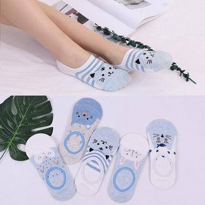 5 Pairs/Set Women's Cotton Happy Cute Cat Short Socks Print Cartoon Animal Casual Summer Socks Red Heart Funny Ankle Socks Pure Cotton Socks For Men And Women