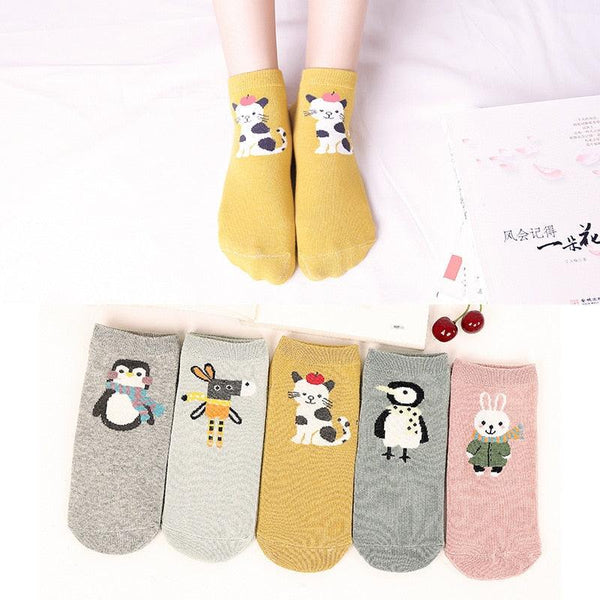 5 Pairs/Set Women's Cotton Happy Cute Cat Short Socks Print Cartoon Animal Casual Summer Socks Red Heart Funny Ankle Socks Pure Cotton Socks For Men And Women