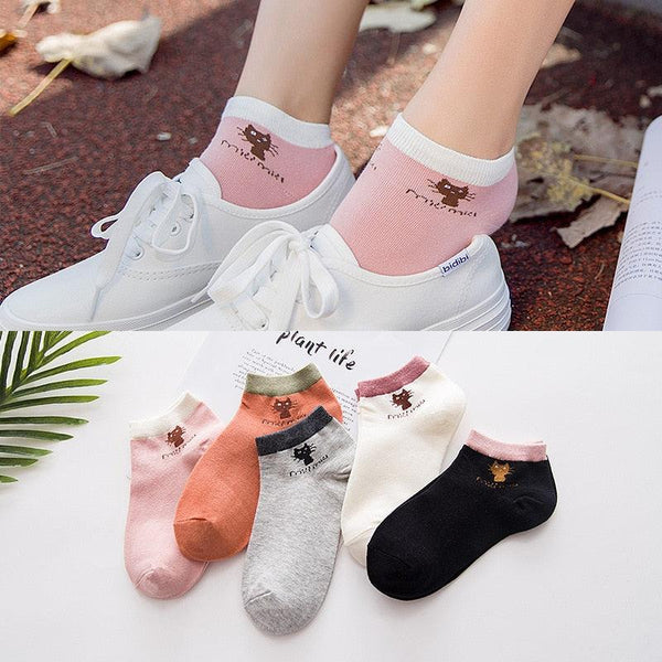 5 Pairs/Set Women's Cotton Happy Cute Cat Short Socks Print Cartoon Animal Casual Summer Socks Red Heart Funny Ankle Socks Pure Cotton Socks For Men And Women