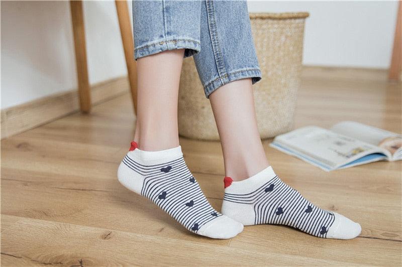 5 Pairs/Set Women's Cotton Happy Cute Cat Short Socks Print Cartoon Animal Casual Summer Socks Red Heart Funny Ankle Socks Pure Cotton Socks For Men And Women