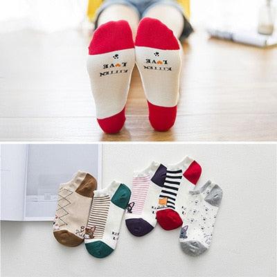 5 Pairs/Set Women's Cotton Happy Cute Cat Short Socks Print Cartoon Animal Casual Summer Socks Red Heart Funny Ankle Socks Pure Cotton Socks For Men And Women