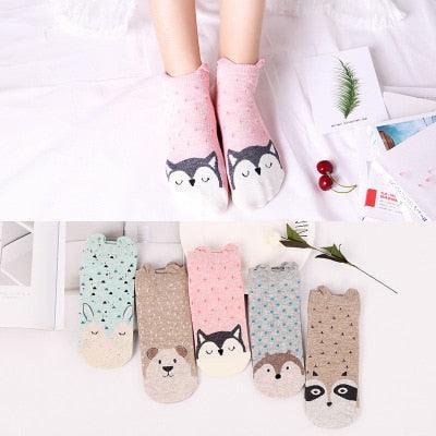 5 Pairs/Set Women's Cotton Happy Cute Cat Short Socks Print Cartoon Animal Casual Summer Socks Red Heart Funny Ankle Socks Pure Cotton Socks For Men And Women