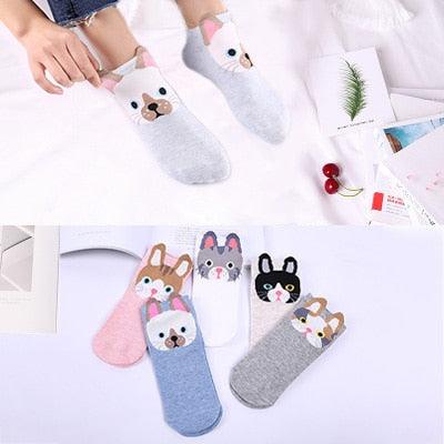 5 Pairs/Set Women's Cotton Happy Cute Cat Short Socks Print Cartoon Animal Casual Summer Socks Red Heart Funny Ankle Socks Pure Cotton Socks For Men And Women