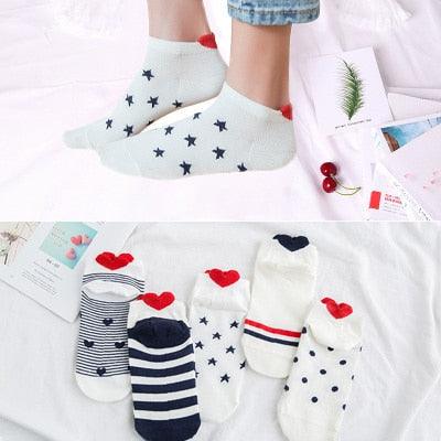 5 Pairs/Set Women's Cotton Happy Cute Cat Short Socks Print Cartoon Animal Casual Summer Socks Red Heart Funny Ankle Socks Pure Cotton Socks For Men And Women