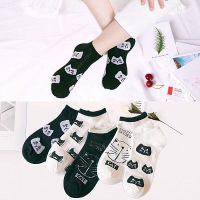 5 Pairs/Set Women's Cotton Happy Cute Cat Short Socks Print Cartoon Animal Casual Summer Socks Red Heart Funny Ankle Socks Pure Cotton Socks For Men And Women