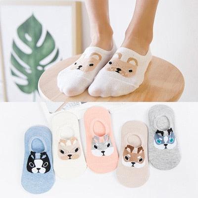 5 Pairs/Set Women's Cotton Happy Cute Cat Short Socks Print Cartoon Animal Casual Summer Socks Red Heart Funny Ankle Socks Pure Cotton Socks For Men And Women