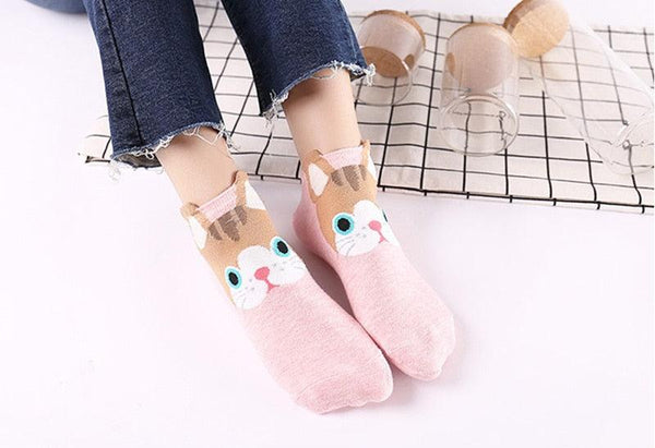 5 Pairs/Set Women's Cotton Happy Cute Cat Short Socks Print Cartoon Animal Casual Summer Socks Red Heart Funny Ankle Socks Pure Cotton Socks For Men And Women