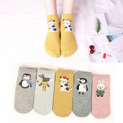 5 Pairs/Set Women's Cotton Happy Cute Cat Short Socks Print Cartoon Animal Casual Summer Socks Red Heart Funny Ankle Socks Pure Cotton Socks For Men And Women