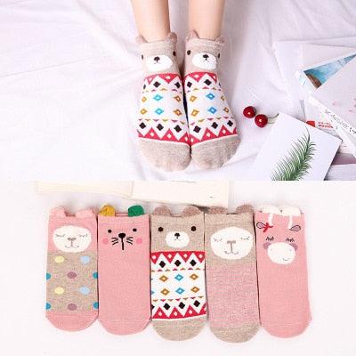 5 Pairs/Set Women's Cotton Happy Cute Cat Short Socks Print Cartoon Animal Casual Summer Socks Red Heart Funny Ankle Socks Pure Cotton Socks For Men And Women
