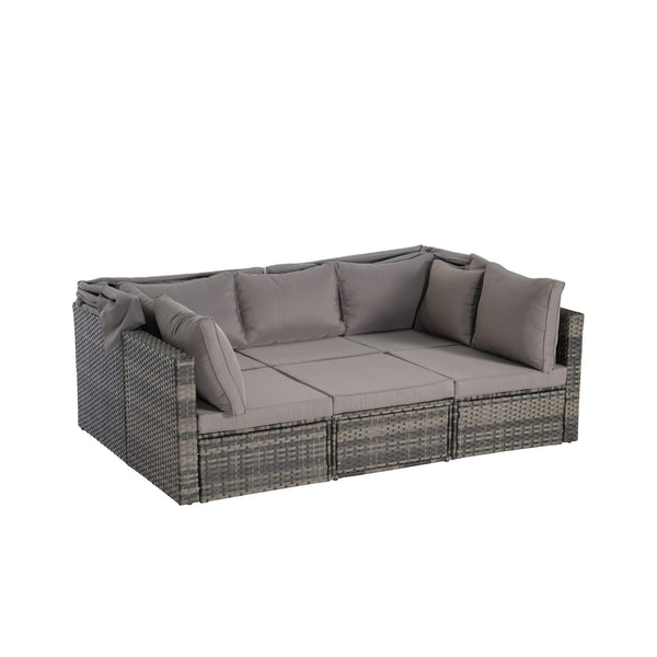 5-Piece Outdoor Patio Wicker Daybed Furniture Set With Retractable Canopy (SAK37816)