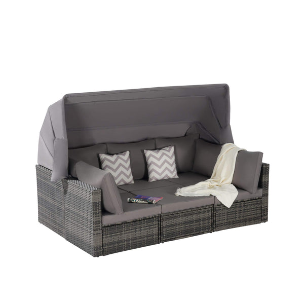 5-Piece Outdoor Patio Wicker Daybed Furniture Set With Retractable Canopy (SAK37816)