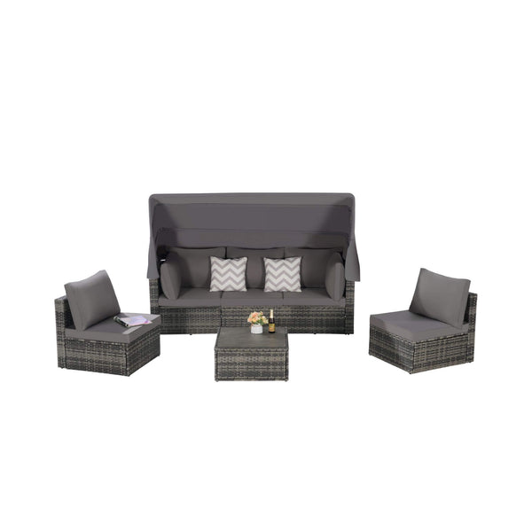 5 PCS Outdoor Patio Wicker Daybed Furniture Set With Retractable Canopy (SAK37816)