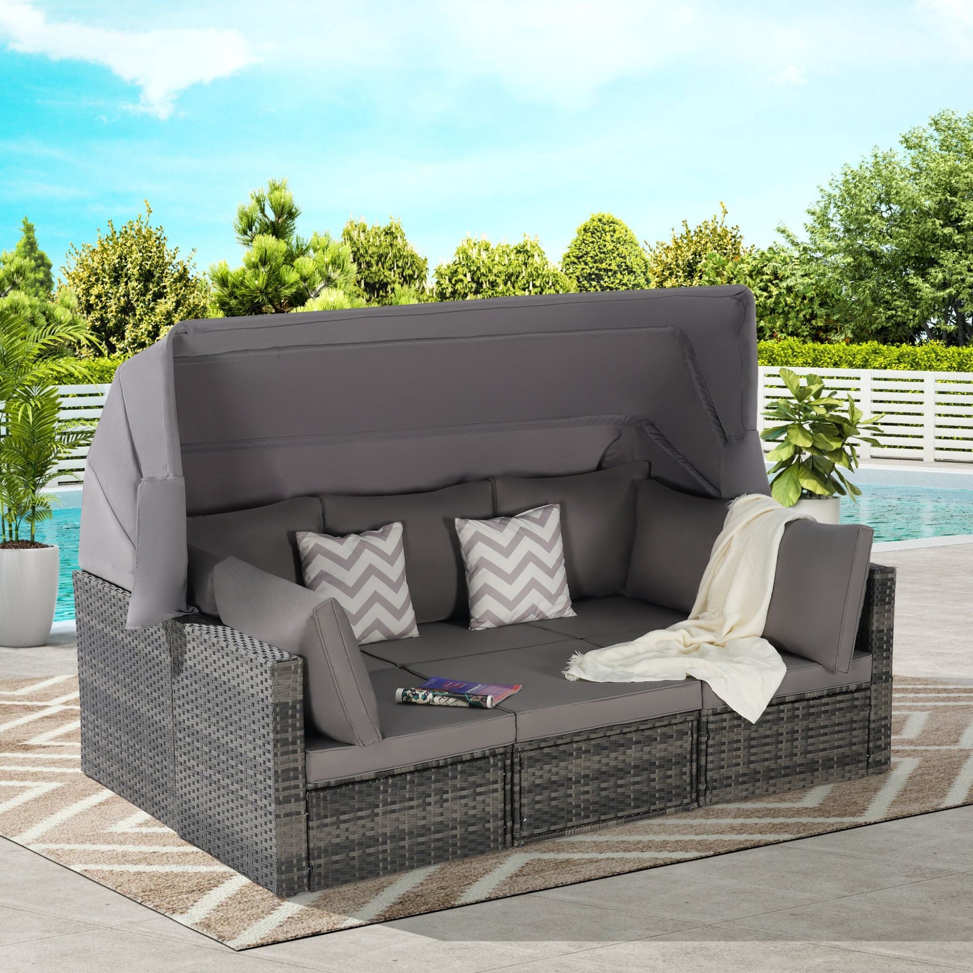 5-Piece Outdoor Patio Wicker Daybed Furniture Set With Retractable Canopy (SAK37816)