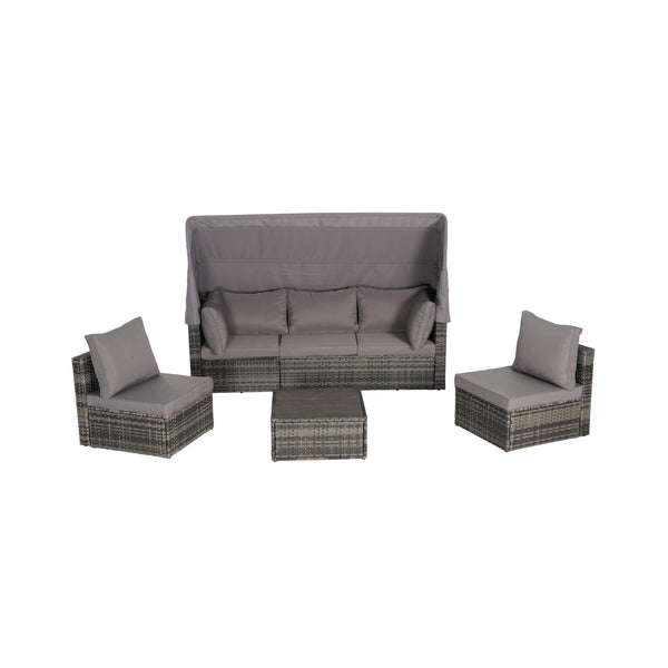 5-Piece Outdoor Patio Wicker Daybed Furniture Set With Retractable Canopy (SAK37816)
