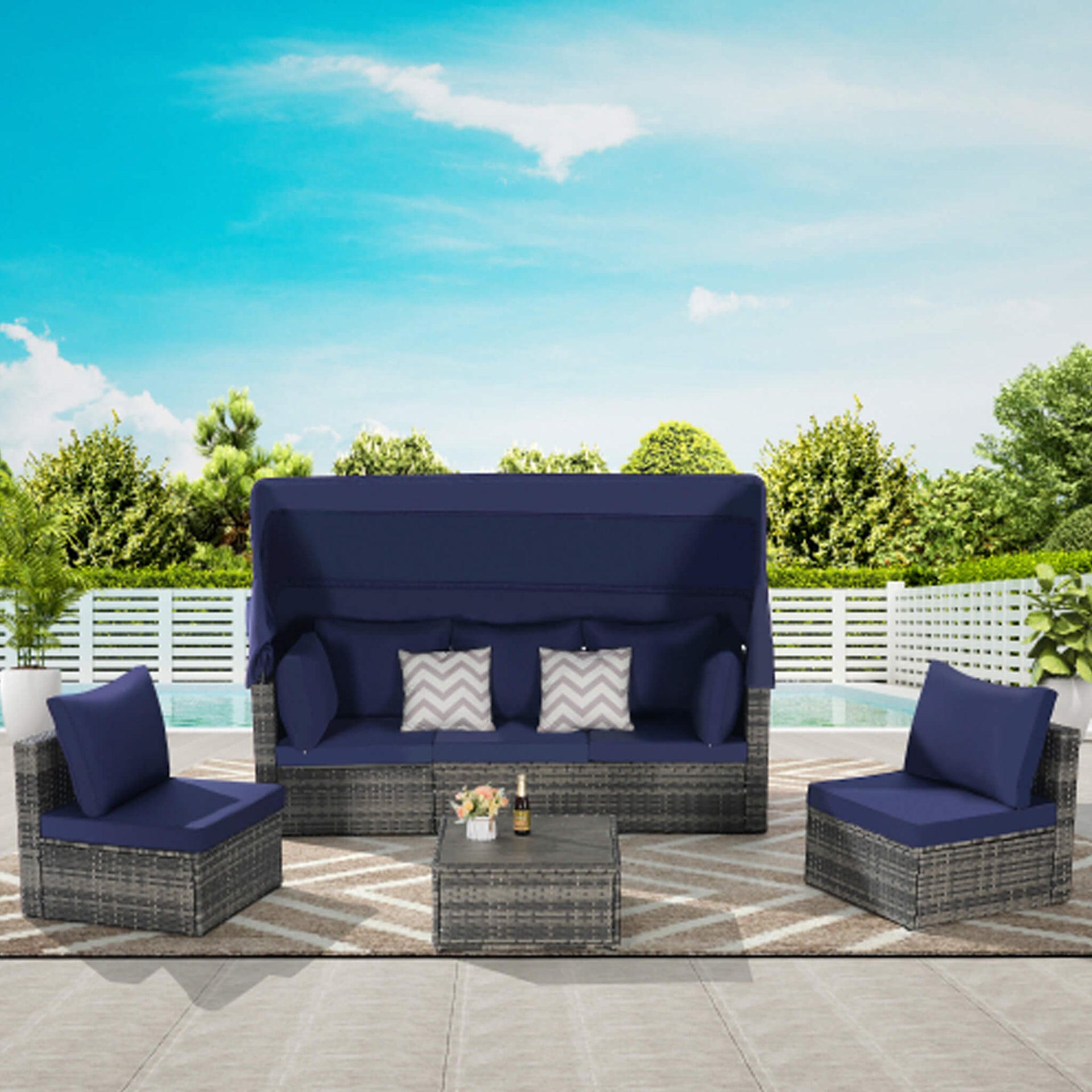 5-Piece Outdoor Patio Wicker Daybed Furniture Set With Retractable Canopy (SAK37816)