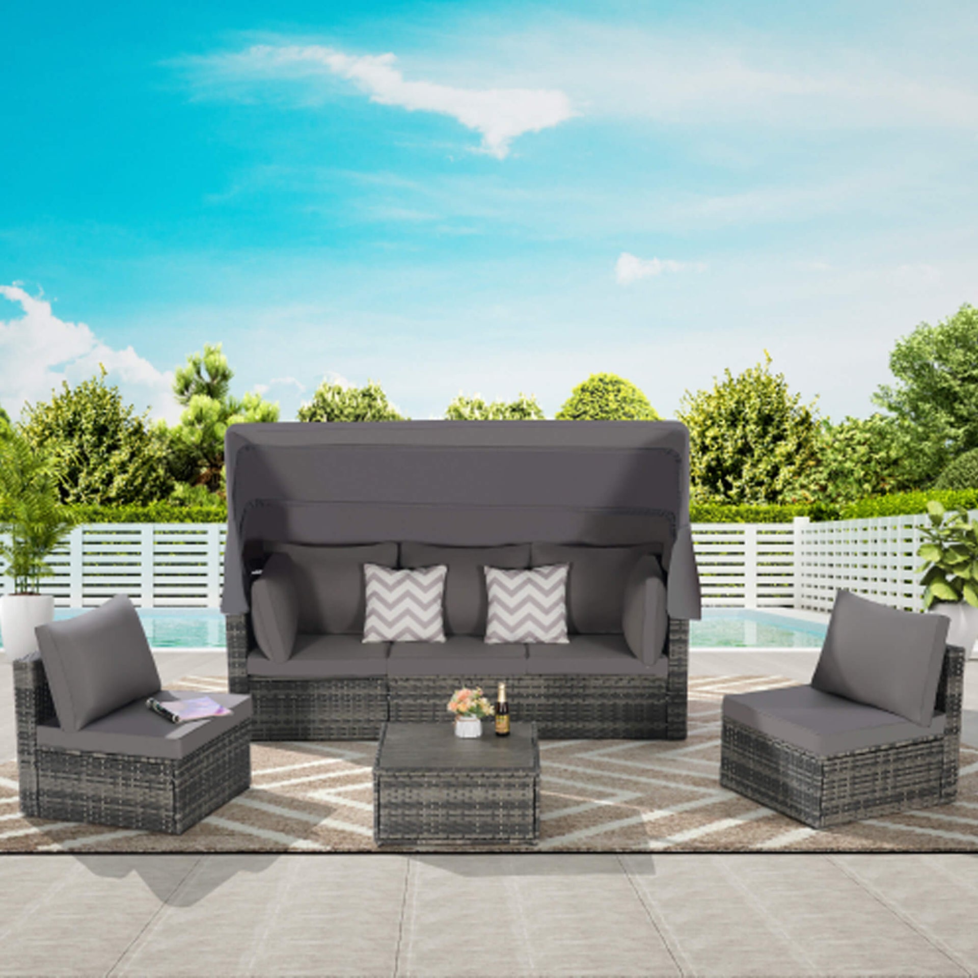 5 PCS Outdoor Patio Wicker Daybed Furniture Set With Retractable Canopy (SAK37816)