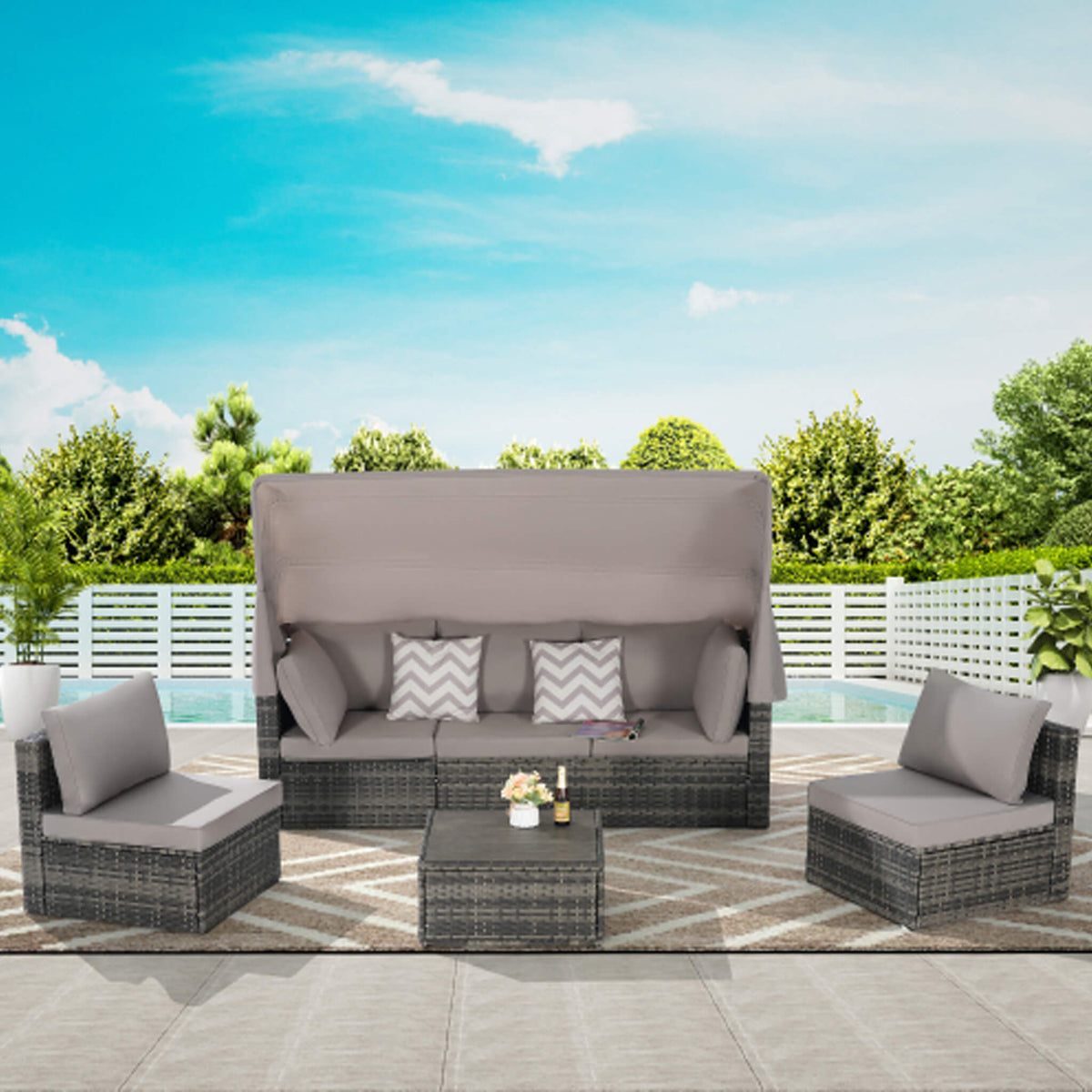 5-Piece Outdoor Patio Wicker Daybed Furniture Set With Retractable Canopy (SAK37816)