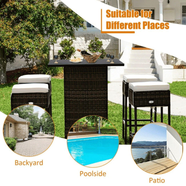 5-Piece Patio Rattan Bar Table Stool Set With Hidden Storage Shelf & Cushions (SAK14645)